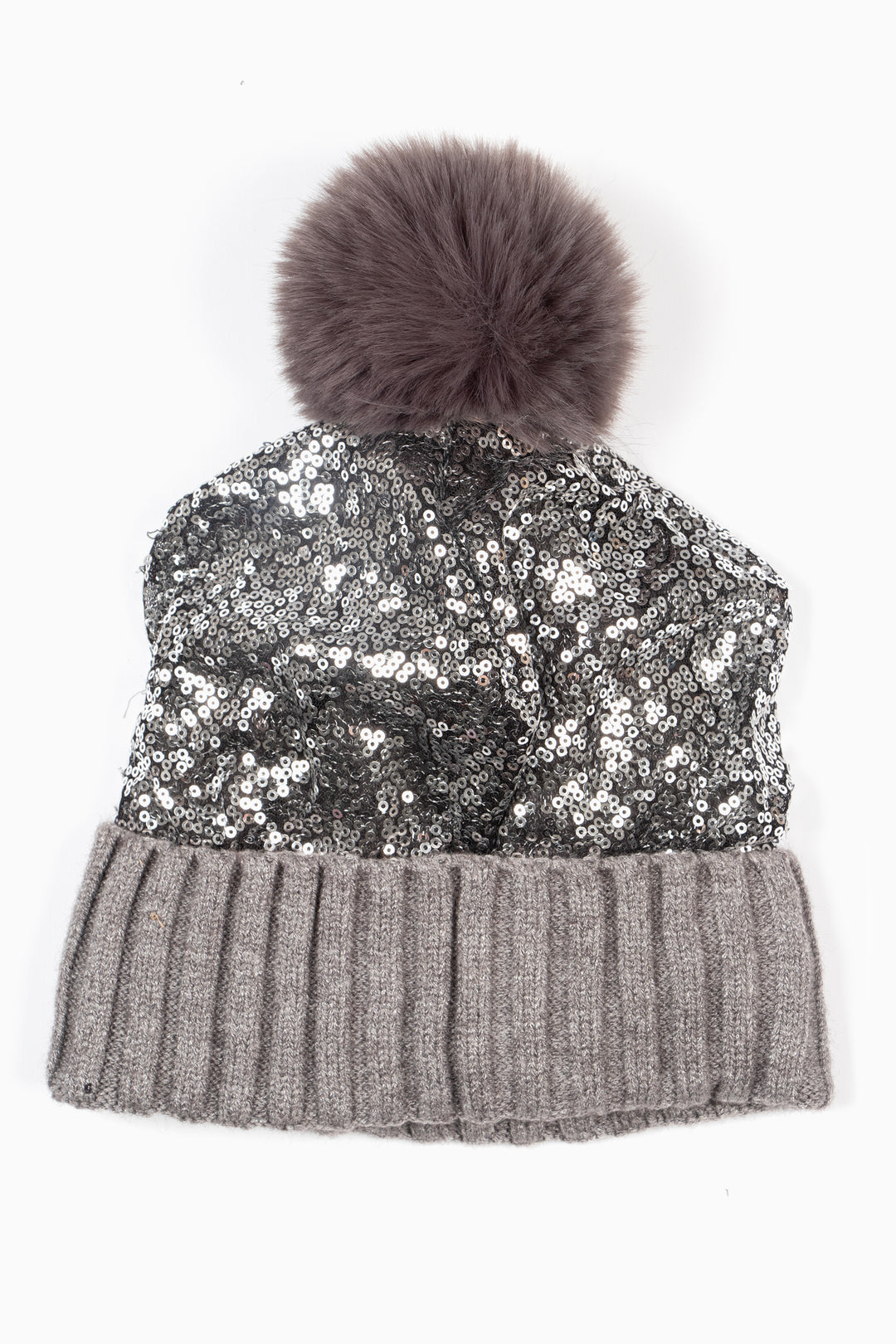 showing the silver sequin beanie hat laying flat, the pom pom and trim are grey, the main part of the hat is entirely covered with sequin. 