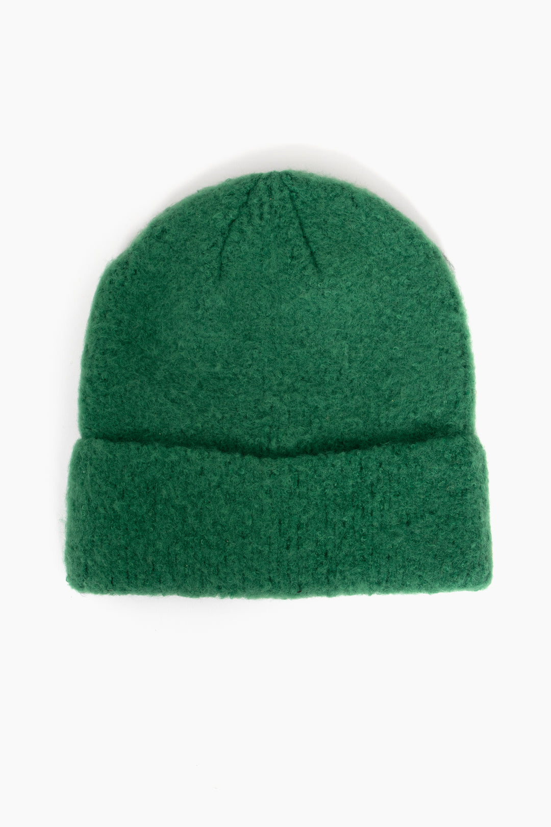 green textured knitted beanie hat with a foldable brim