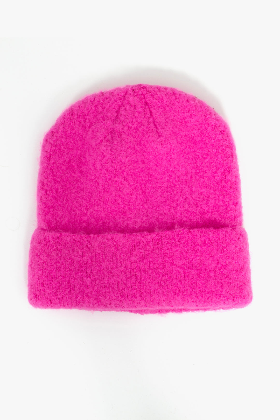 hot pink textured knitted beanie hat with a foldable brim