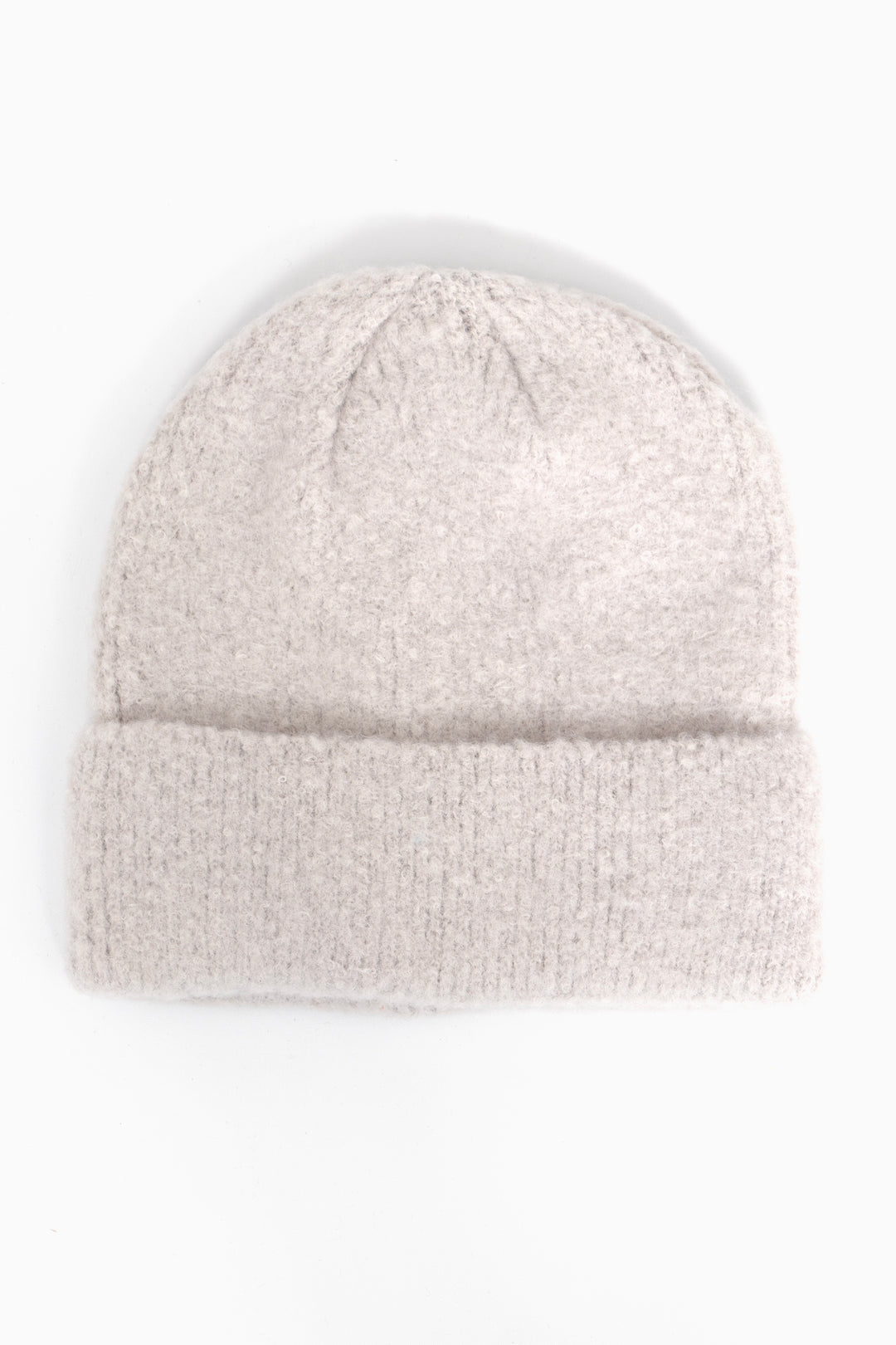 light grey textured knitted beanie hat with a foldable brim