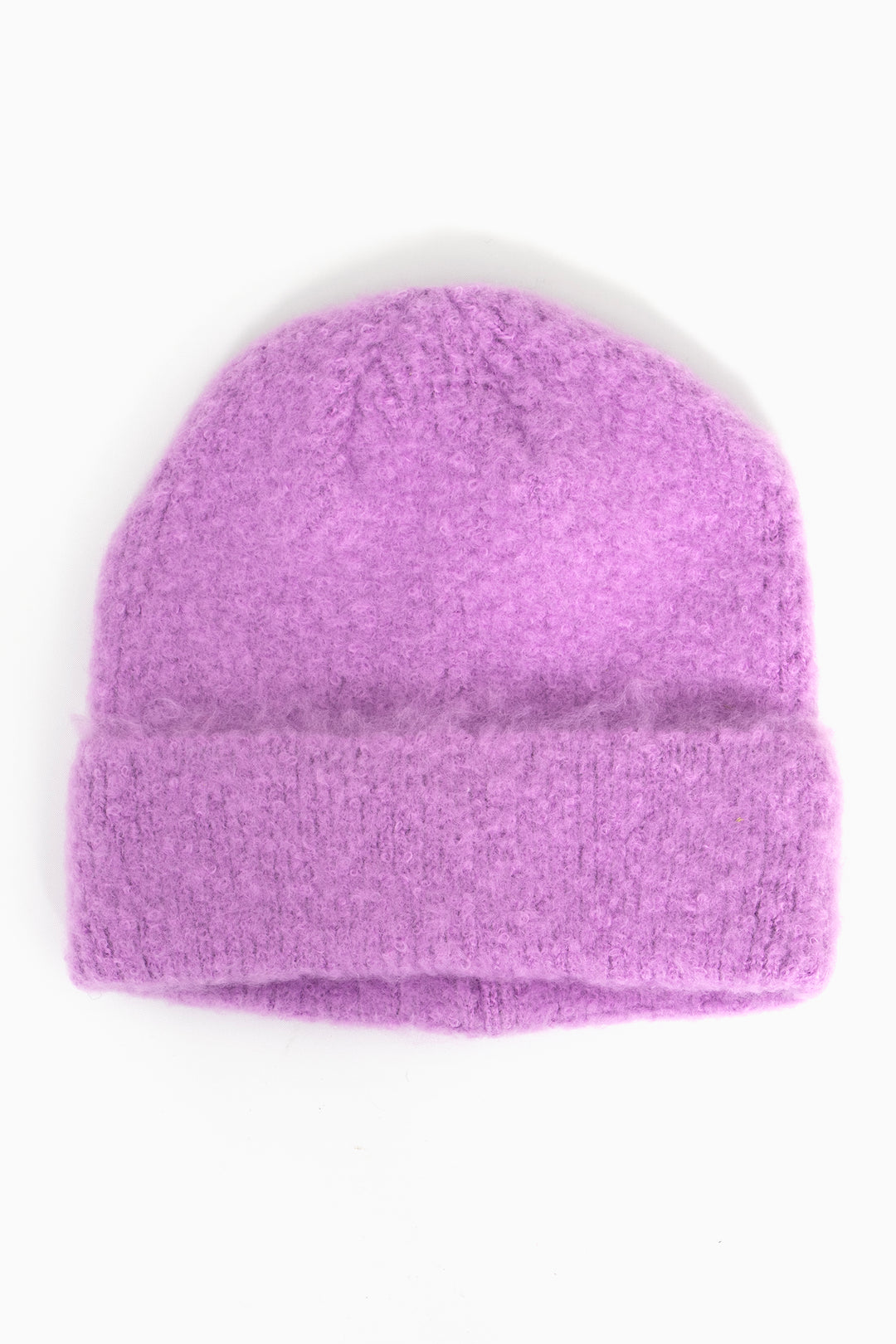 lilac textured knitted beanie hat with a foldable brim