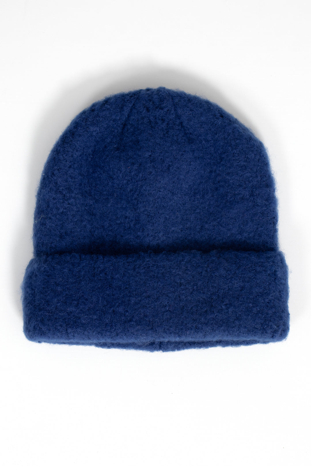 navy blue textured knitted beanie hat with a foldable brim