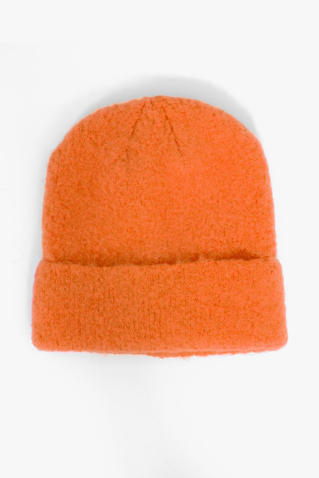 orange textured knitted beanie hat with a foldable brim