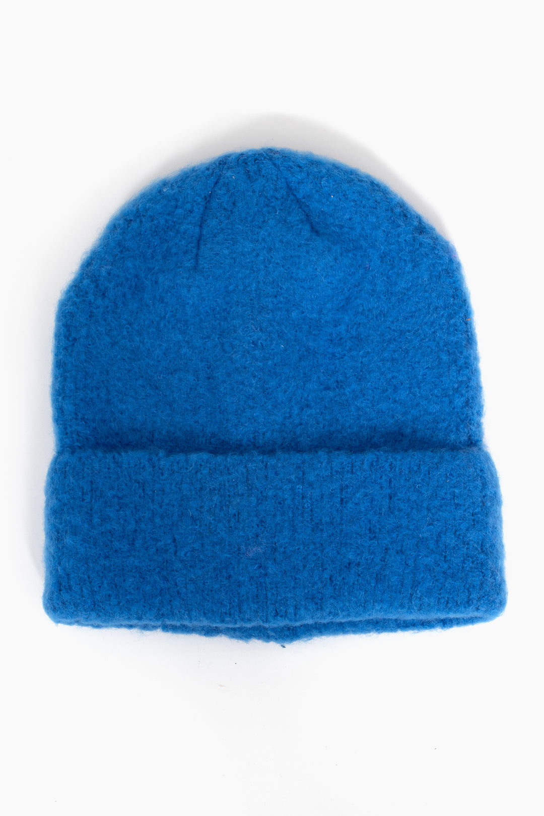 royal blue textured knitted beanie hat with a foldable brim