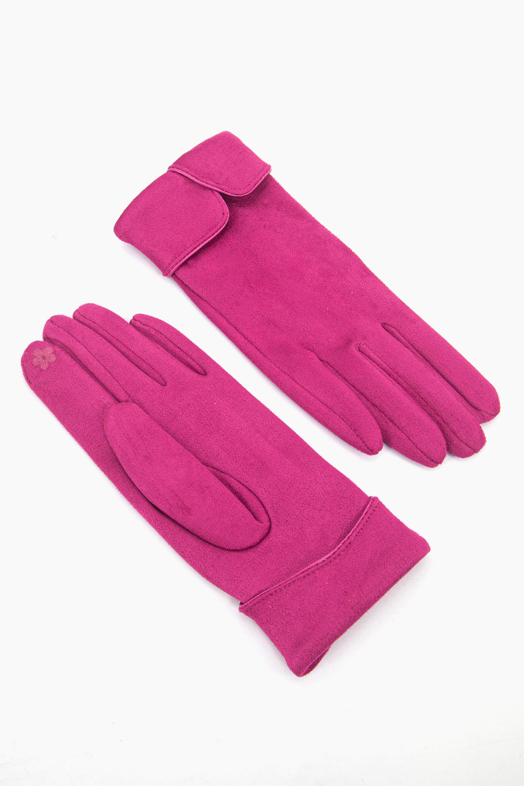 showing the palm and the back of the gloves, the inner index finger has an embroidered flower on the finger tip, this is to allow the wearer to use a touch screen device when wearing the gloves.