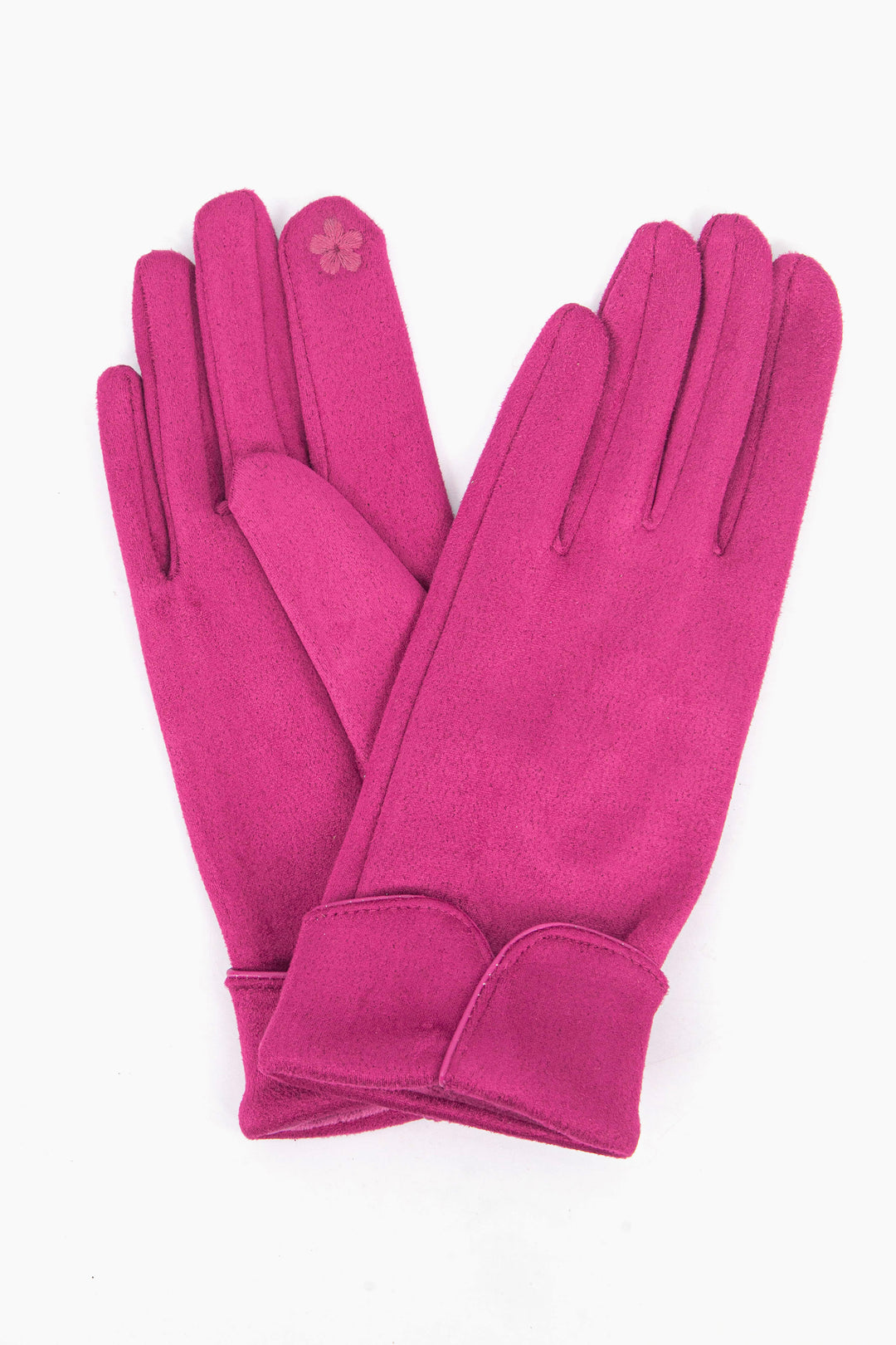 a close up of the pink faux velvet winter gloves showing up close scalloped cuffs.