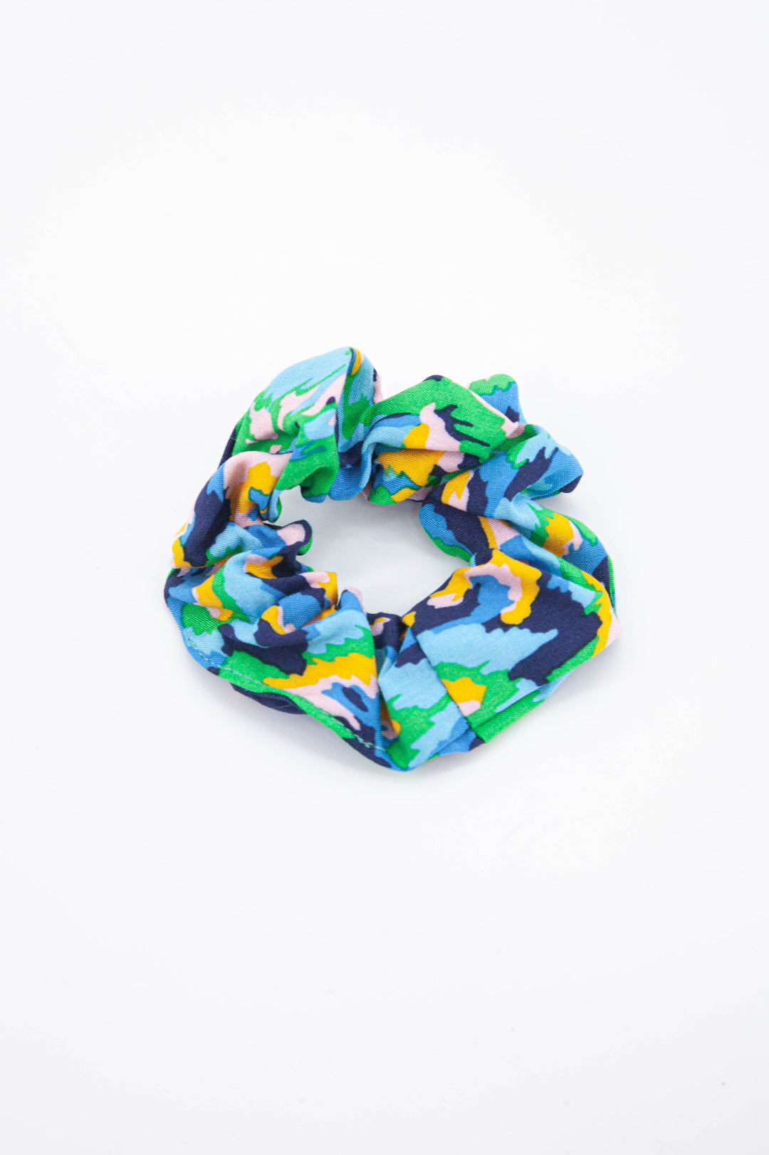 green, blue and yellow abstract pattern hair scrunchie