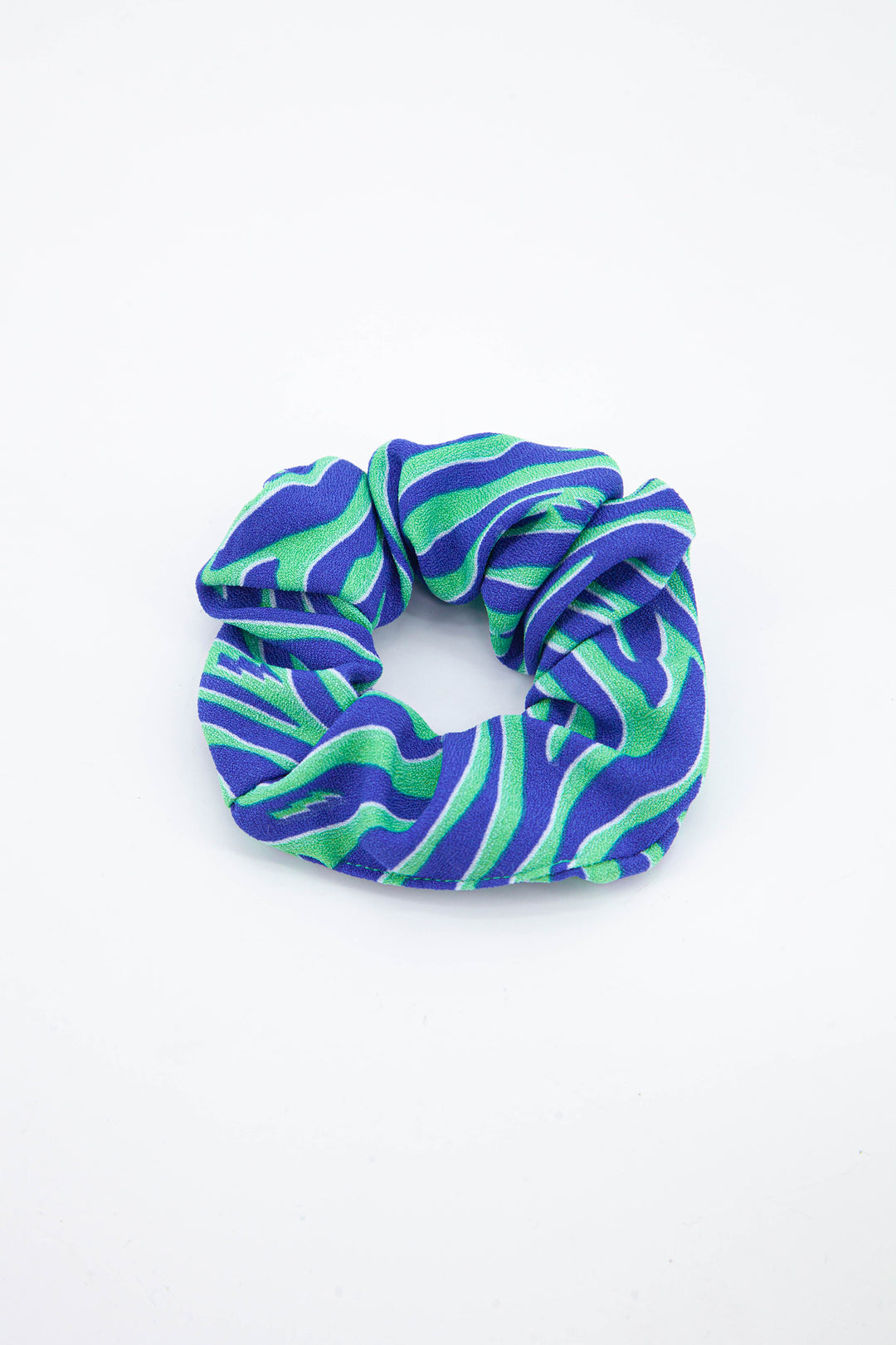 blue and green zebra print and lighting bolt hair scrunchie