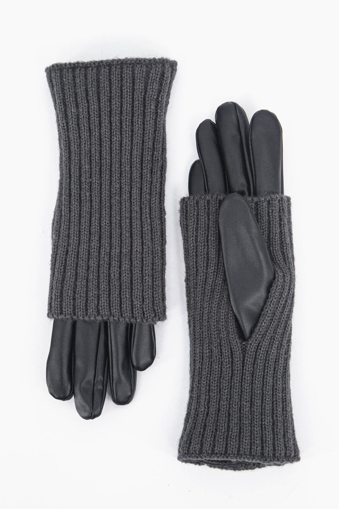 black PU faux leather gloves with long grey ribbed cuffs, the cuffs can be worn folded down or turned up