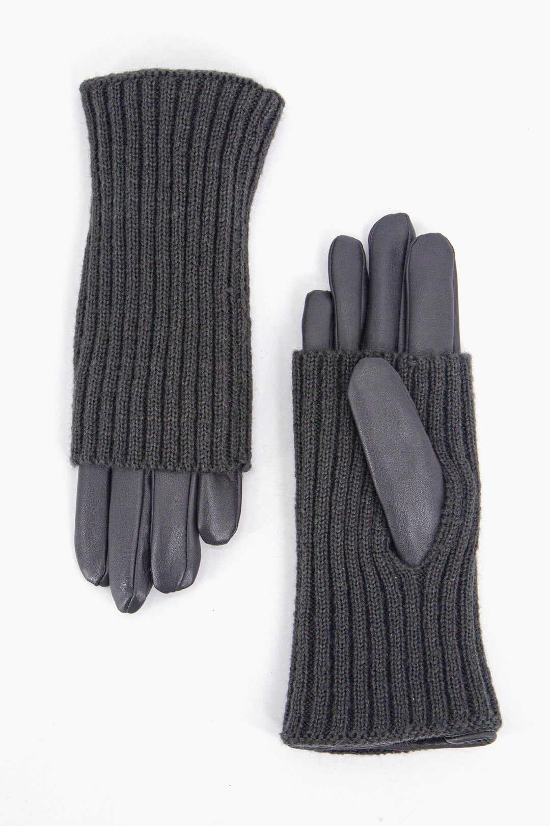 grey PU faux leather gloves with long grey ribbed cuffs, the cuffs can be worn folded down or turned up