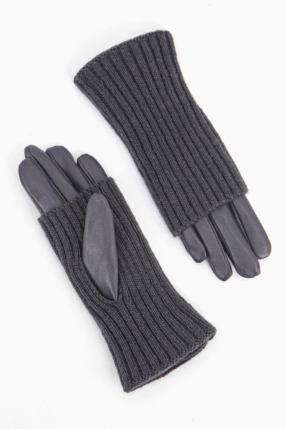 showing the gloves with one palm up and the other palm down. the knitted overlay is shown to cover the gloves from the cuff to mid way on the palm. there is a thumb hole in the overlay which the thumb of the PU glove goes through. 