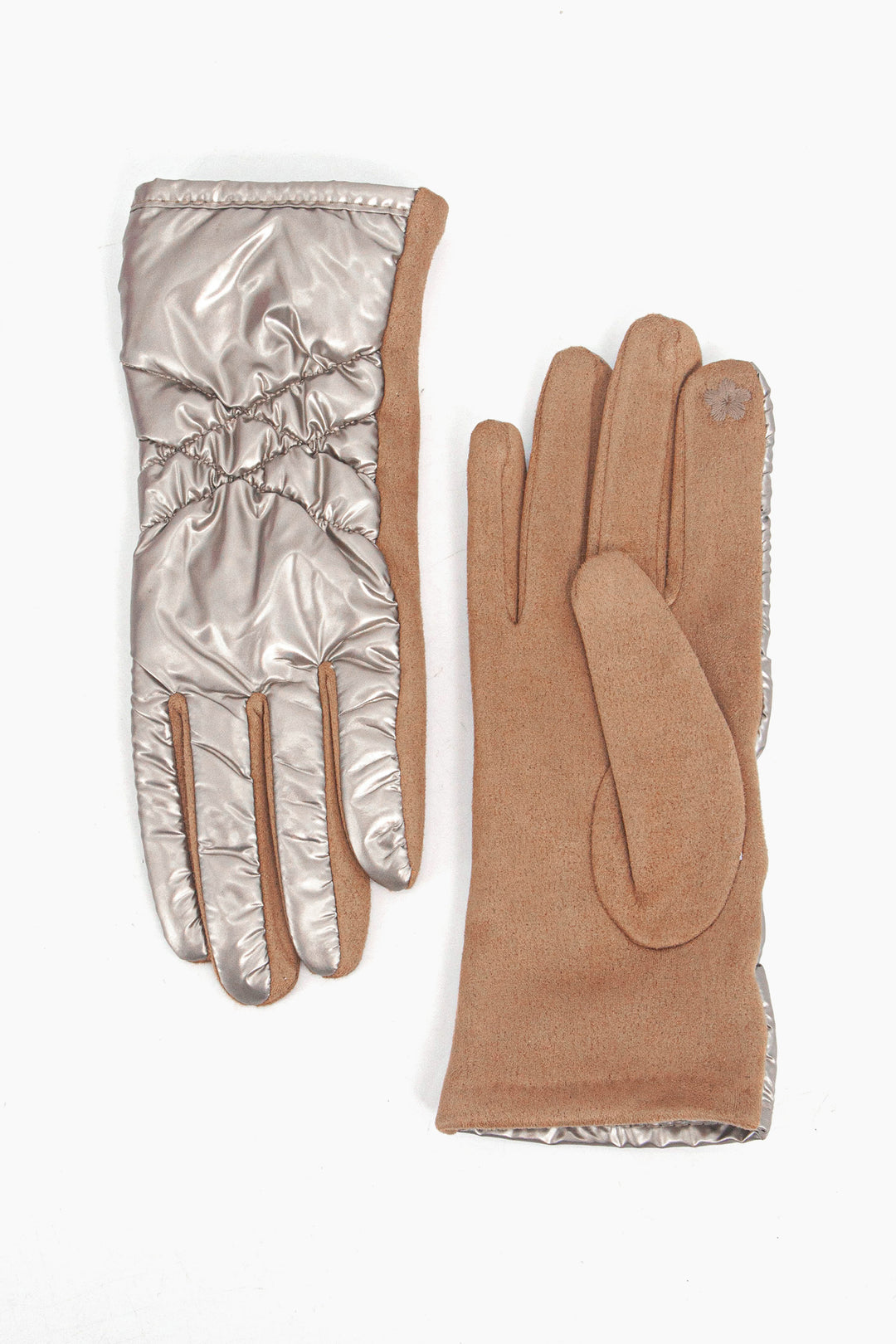 metallic gold winter gloves with stitching on the back, the palm is neutral beige and has a touch screen point on the tip of the index finger.