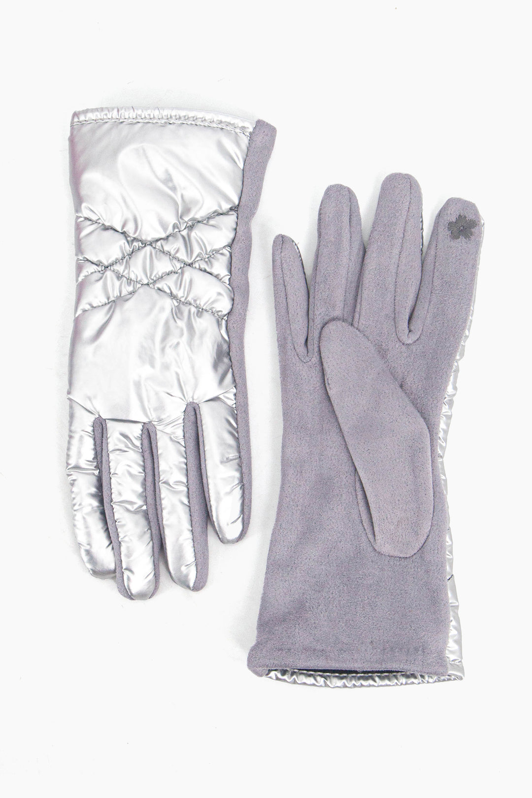 metallic silver winter gloves with stitching on the back, the palm is grey and has a touch screen point on the tip of the index finger.