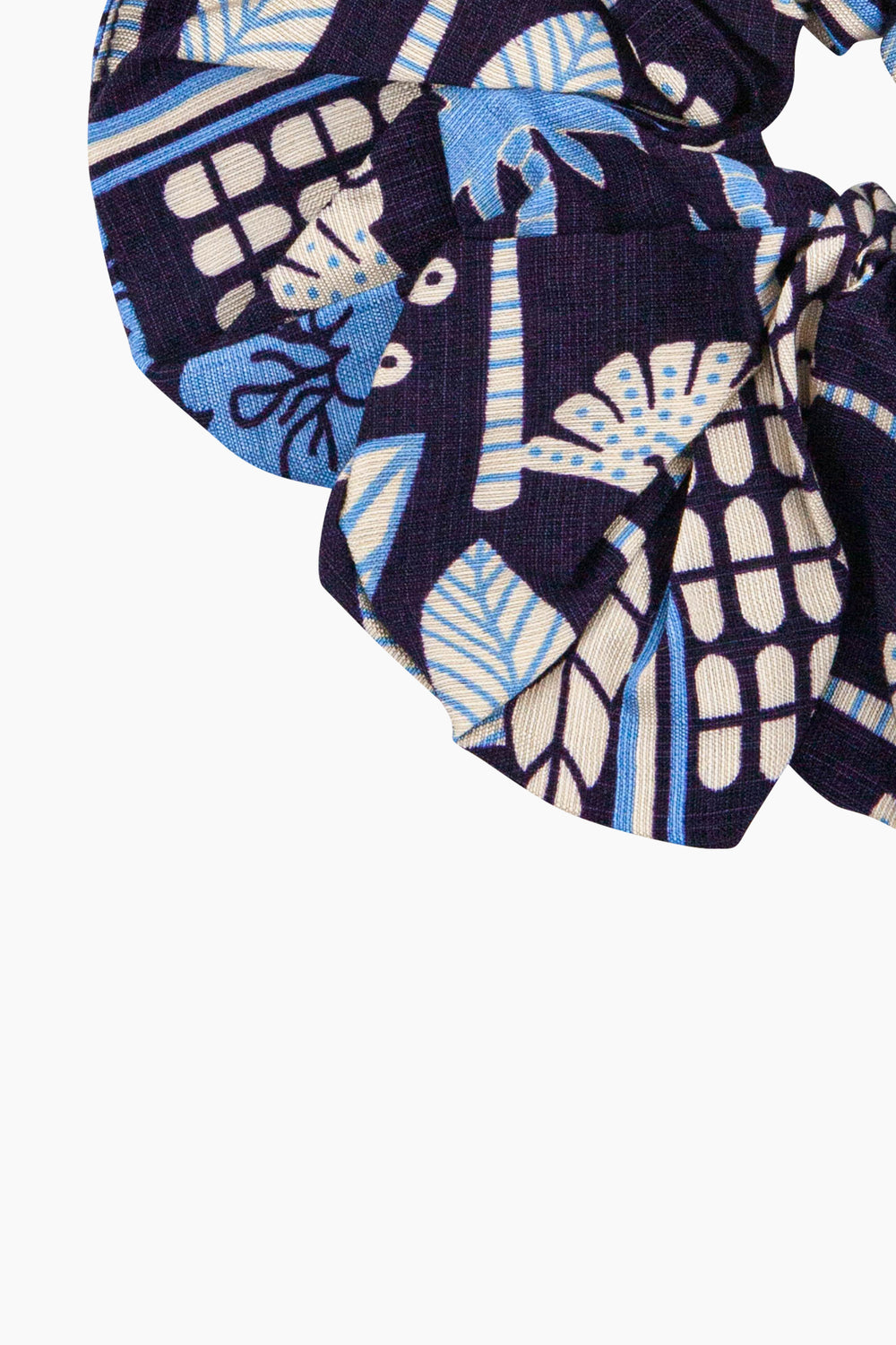 Large-Tile-Print-Scrunchie-in-Navy-Blue-Closeup