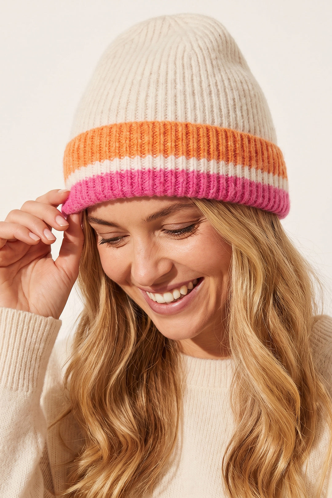 Striped-Beanie-Hat-in-Cream/Pink
