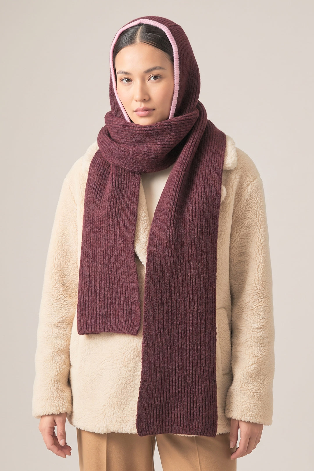 Contrast-Trim-Hooded-Scarf-in-Berry/Pink