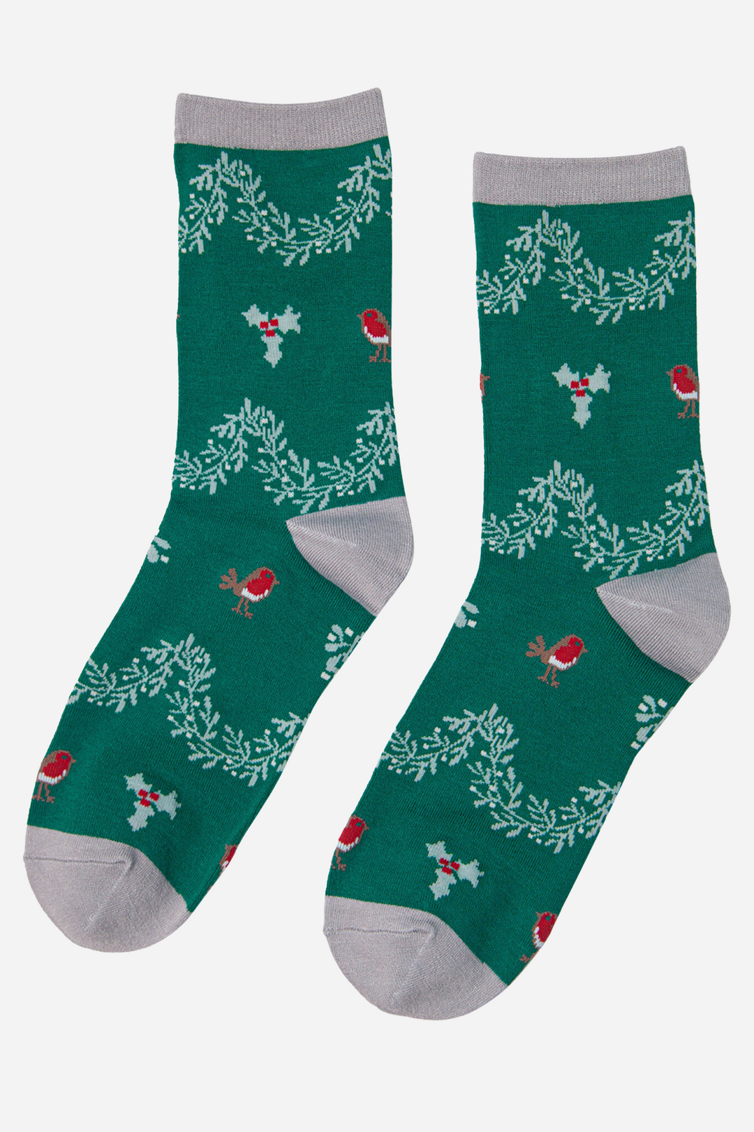 green bamboo socks featuring red robins, mistletoe and holly