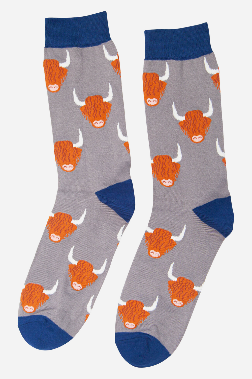 grey and blue highland cow socks