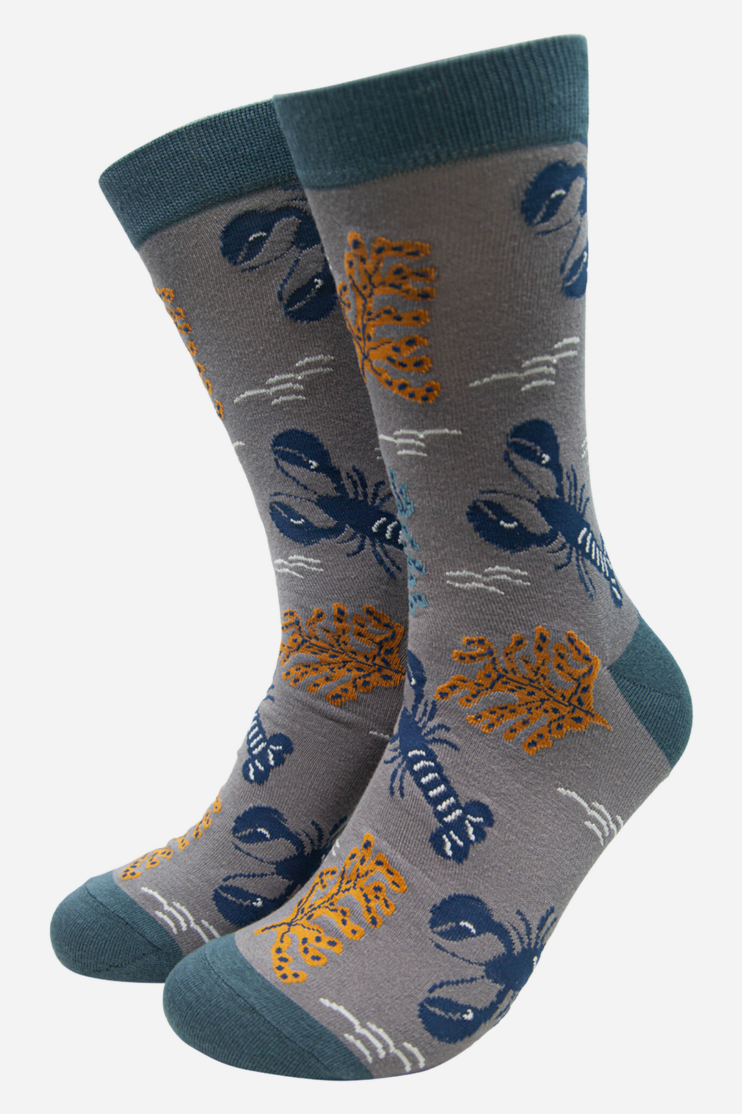 grey socks with a teal, heel, toe and cuff with an all over pattern of blue lobsters and seaweed