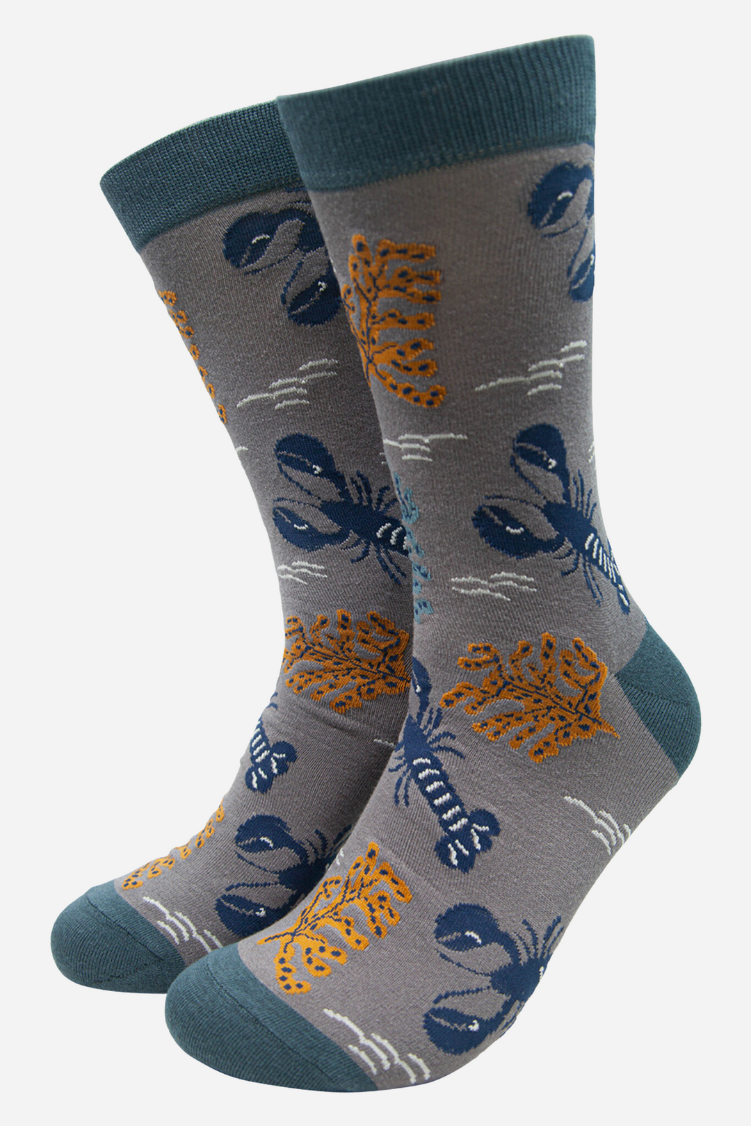 grey and blue bamboo socks with a pattern of blue lobsters and yellow marine plants