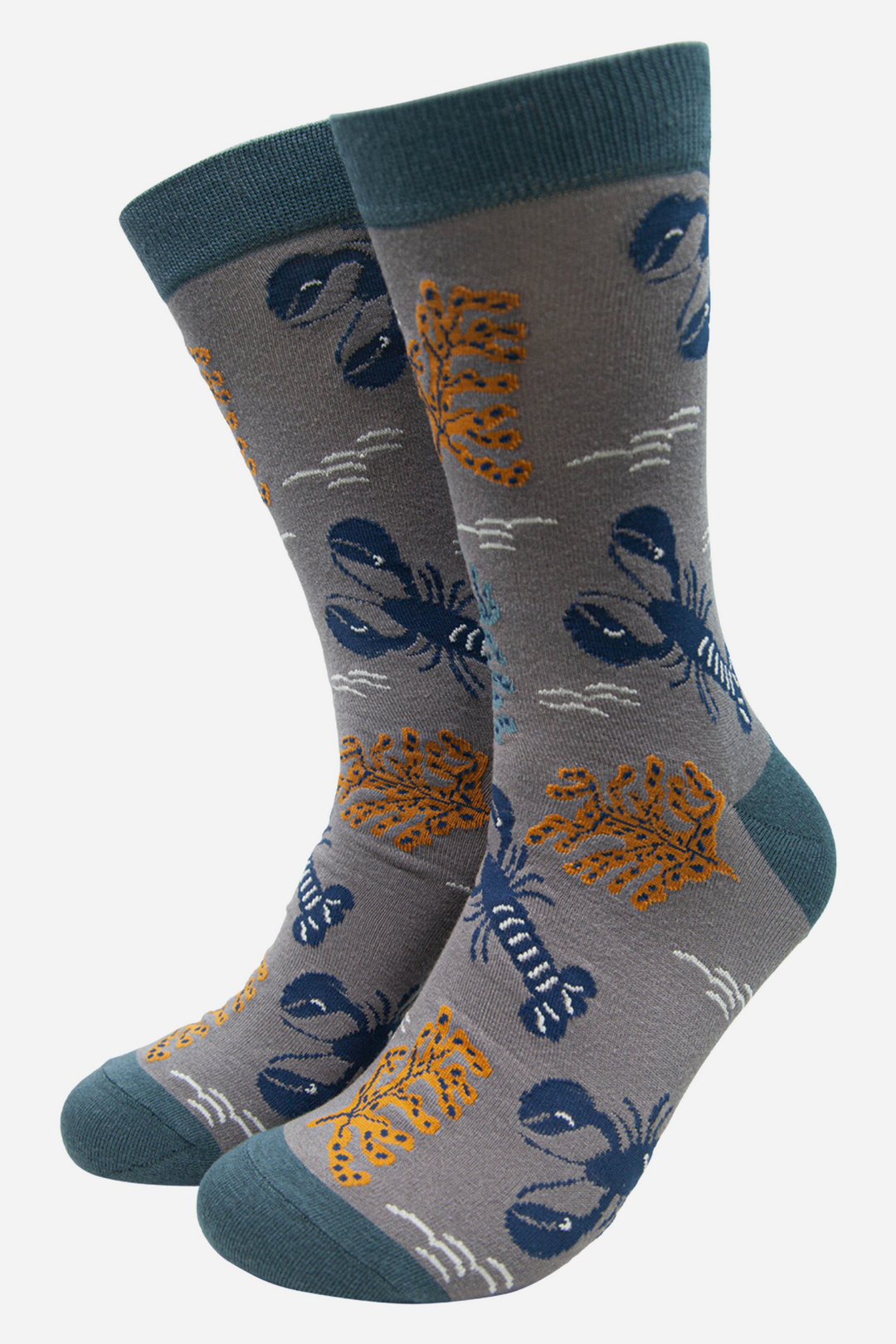 grey and blue bamboo socks with an all over pattern of red lobsters and coral plant life