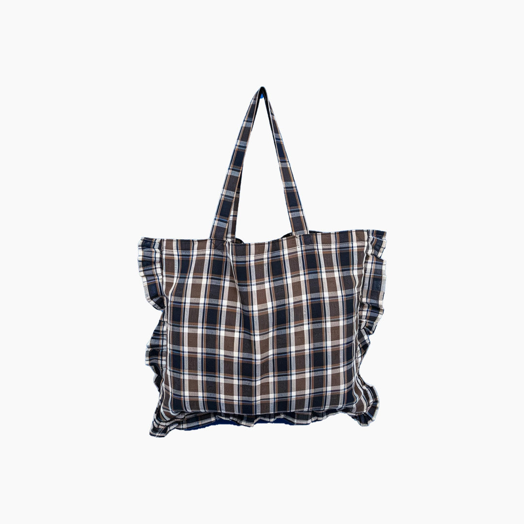 Traditional-Check-Ruffle-Tote-Bag-in-Brown