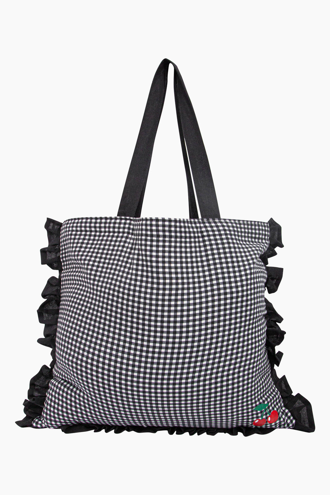 Cherry-Gingham-Frilled-Canvas-Tote-Bag-in-Black-front