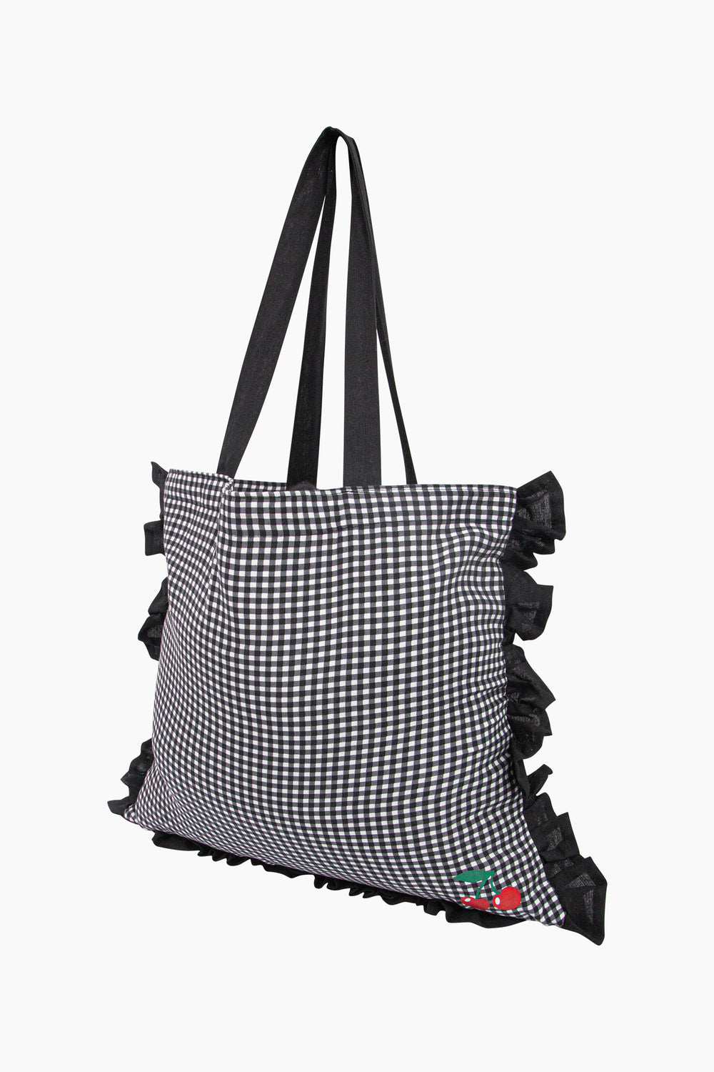 Cherry-Gingham-Frilled-Canvas-Tote-Bag-in-Black-side