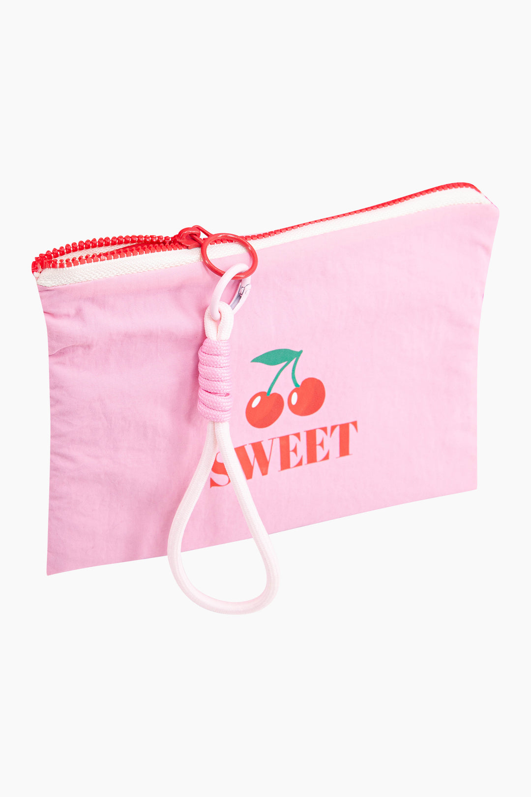 Cherry-Sweet-Recycled-Polyester-Makeup-Bag-in-Pink-Angled-Showing-Zip