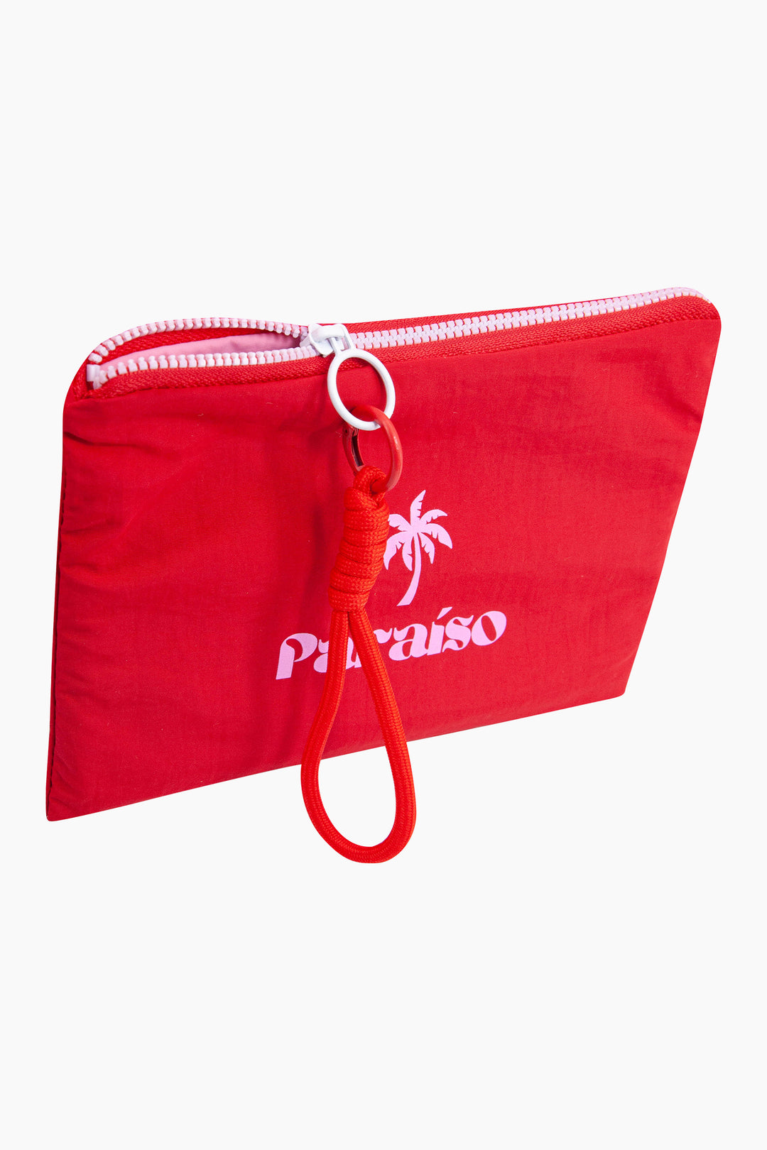 Palm-Tree-Paraiso-Recycled-Polyester-Makeup-Bag-in-Red-Angled-Showing-Zip