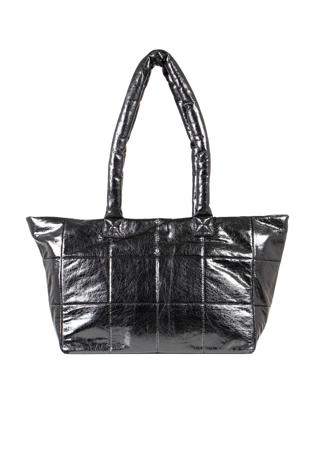 black metallic faux leather quilted tote bag with long shoulder straps