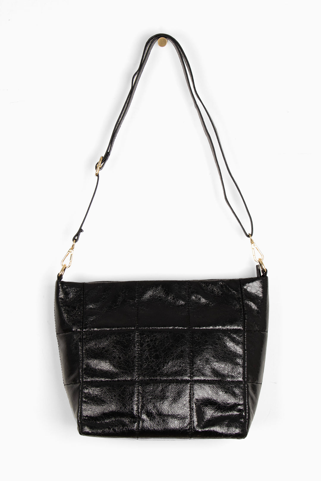 black cracked faux leather mid size crossbody bag with detachable bag strap and gold hardware