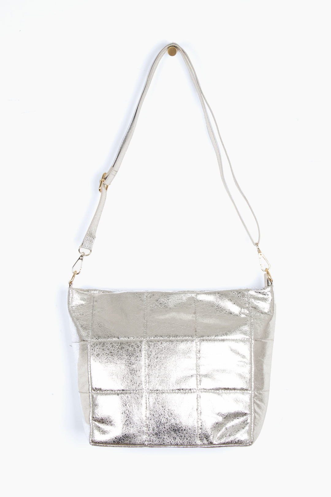 silver cracked faux leather mid size crossbody bag with detachable bag strap and gold hardware