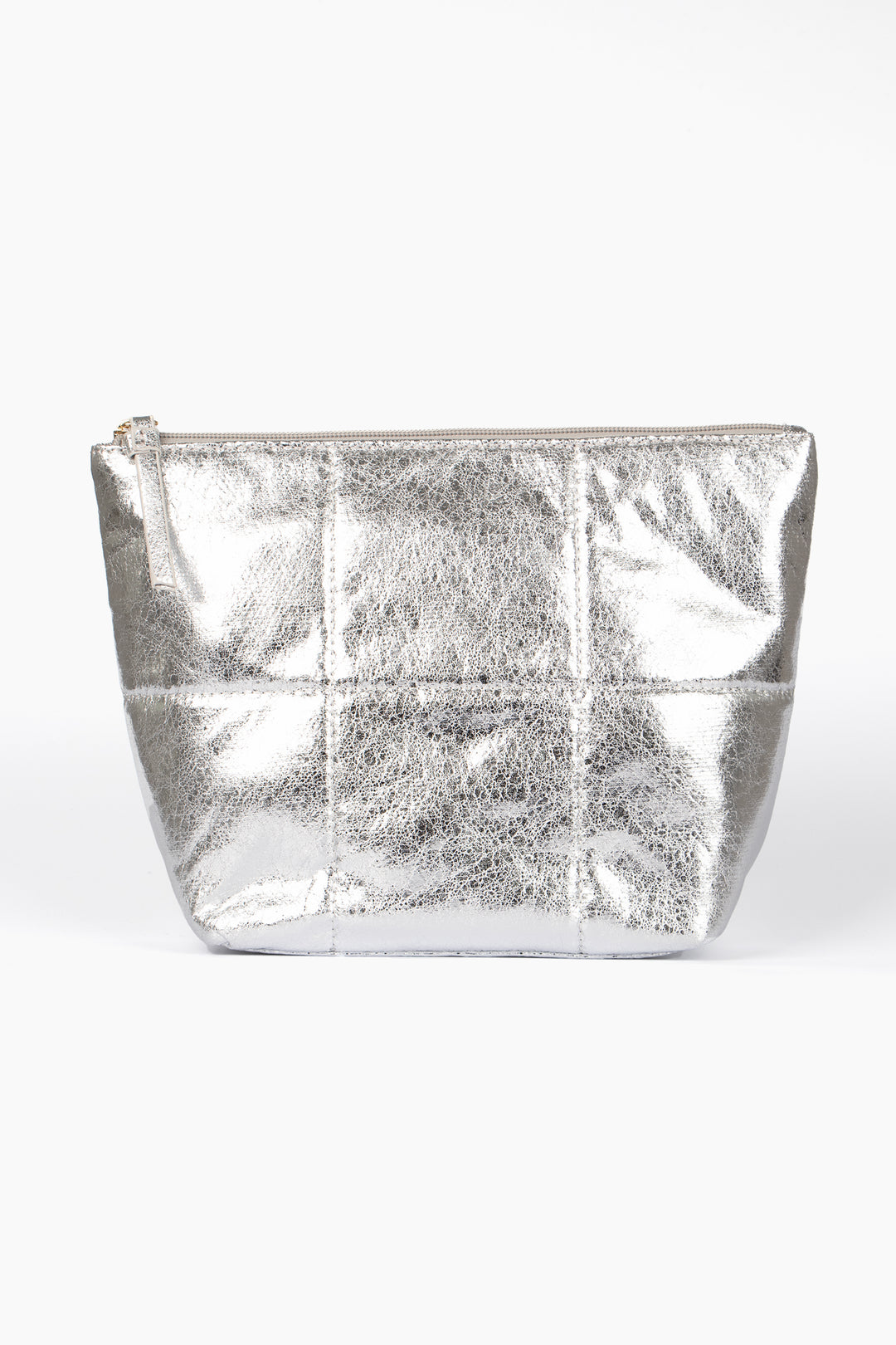 metallic cracked faux leather silver quilted vanity bag with top zip closure