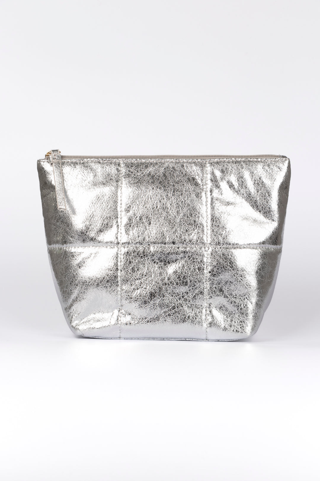 metallic cracked faux leather silver quilted vanity bag with top zip closure