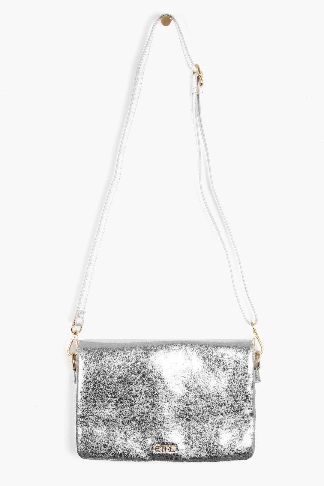 metallic silver cracked faux leather crossbody bag with detachable bag strap