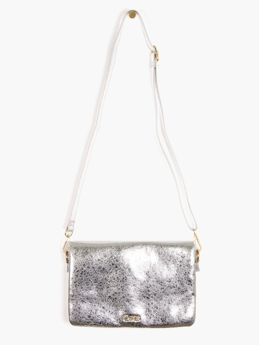 metallic silver cracked faux leather crossbody bag with detachable bag strap