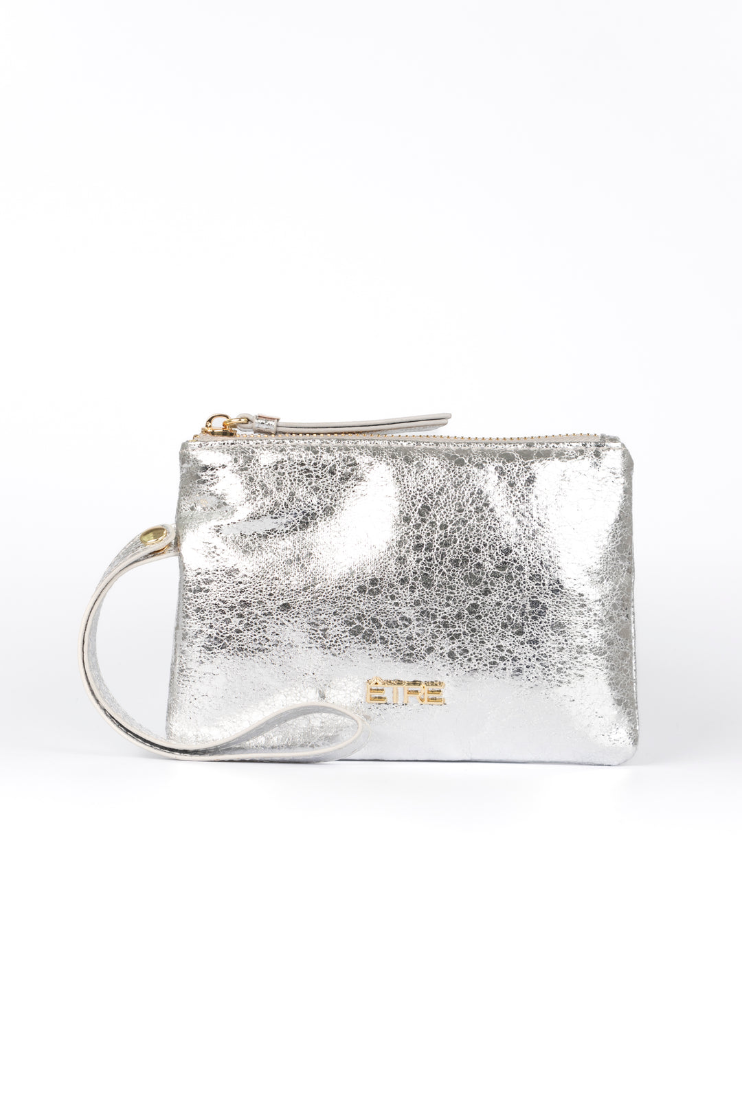 metallic silver cracked faux leather wristlet purse with zip closure