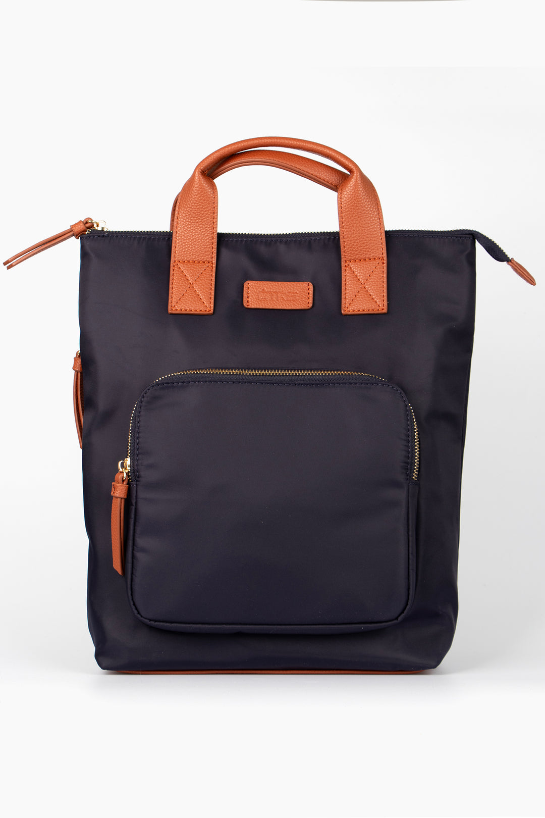 navy blue back pack with tan brown top carry handles and multiple zip closing compartments