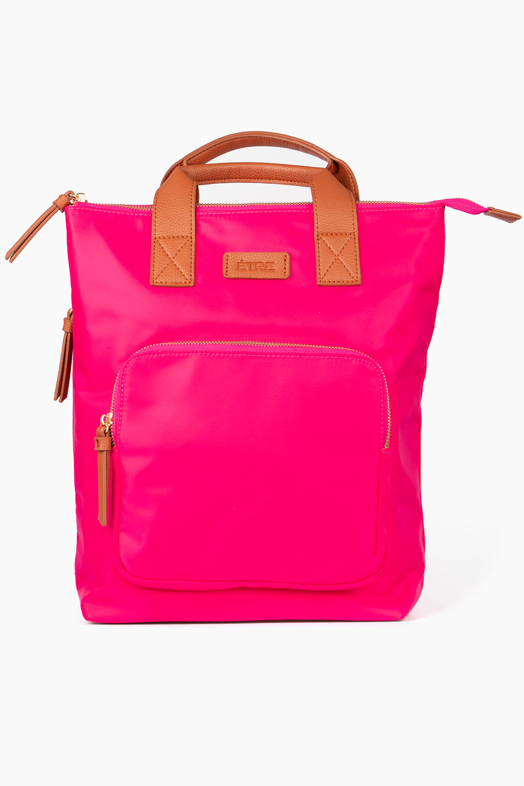 vibrant pink back pack with tan brown top carry handles and multiple zip closing compartments