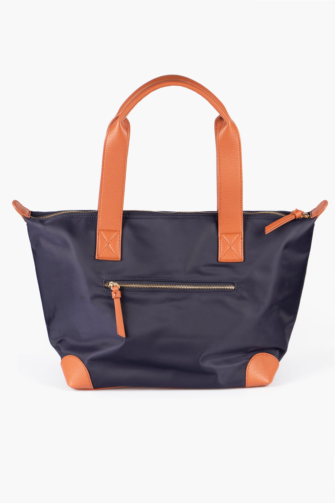 showing the back of the navy blue and brown tote bag, there is a horizontal zip pocket.