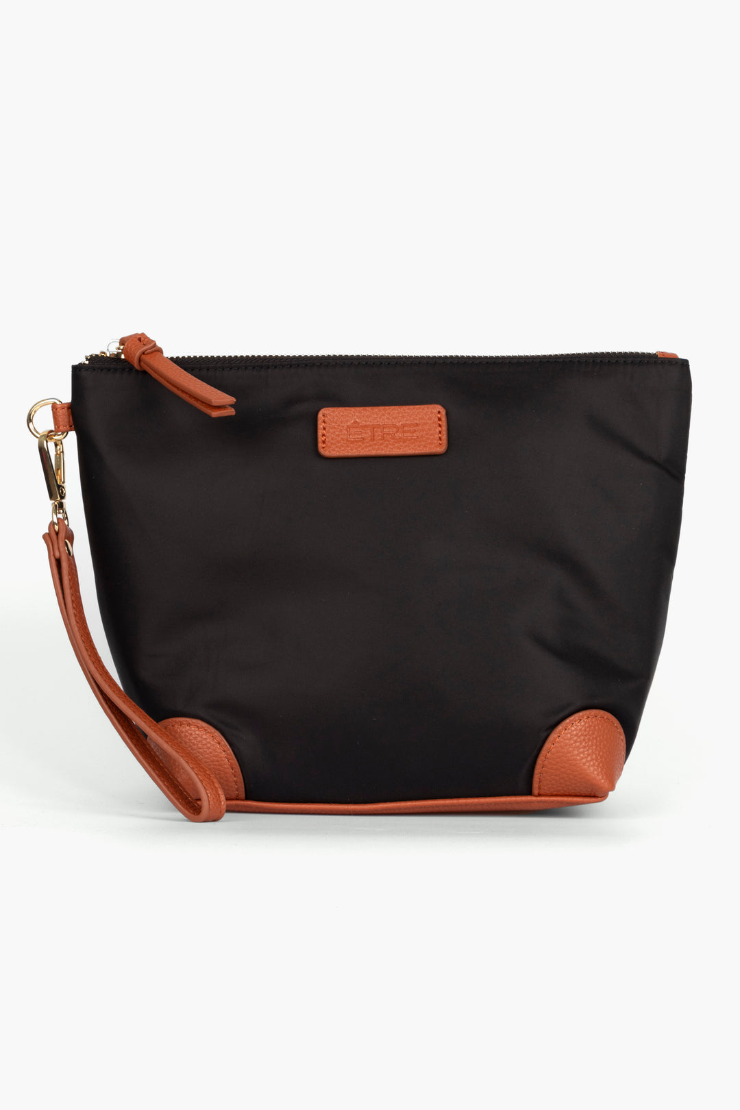 black vanity bag with tan pleater accents and detachable wrist strap