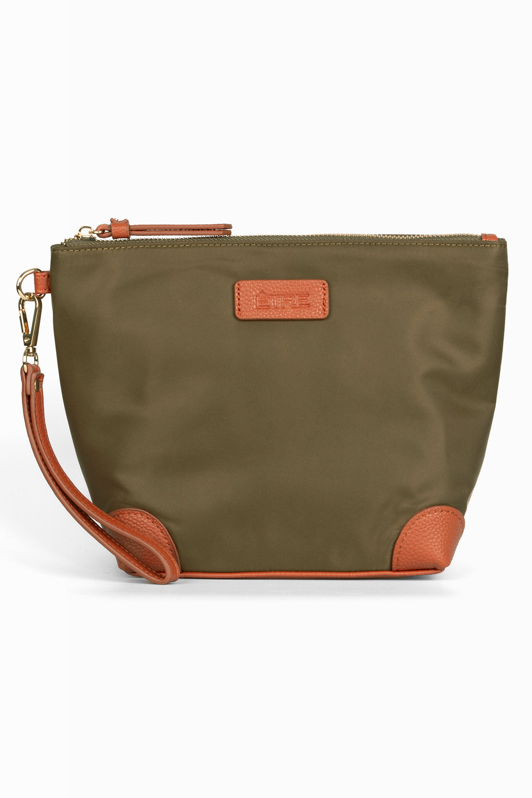 khaki vanity bag with tan pleater accents and detachable wrist strap