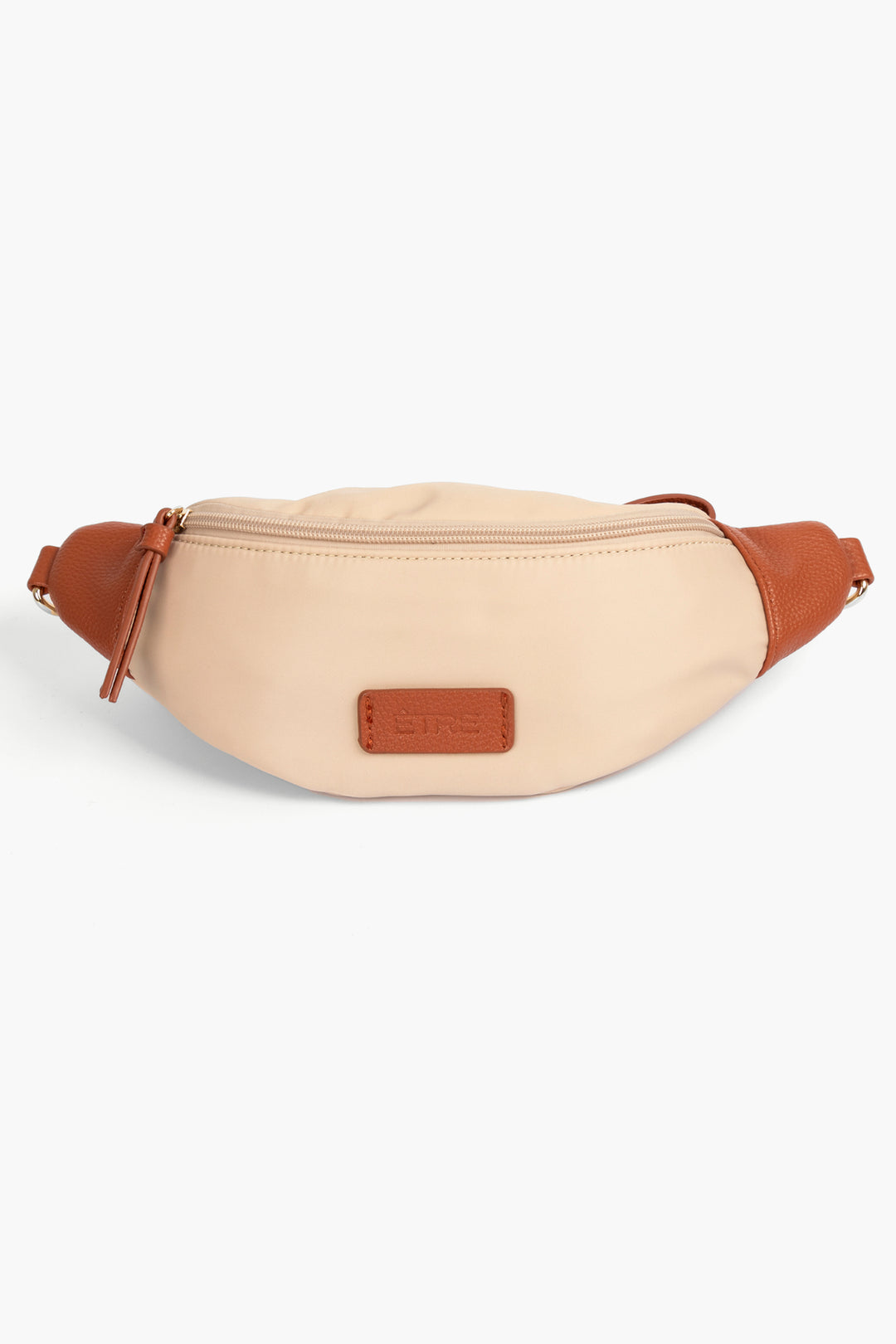 cream nylon bum bag with tan faux leather accents, the bag is zip closing and has gold hardware