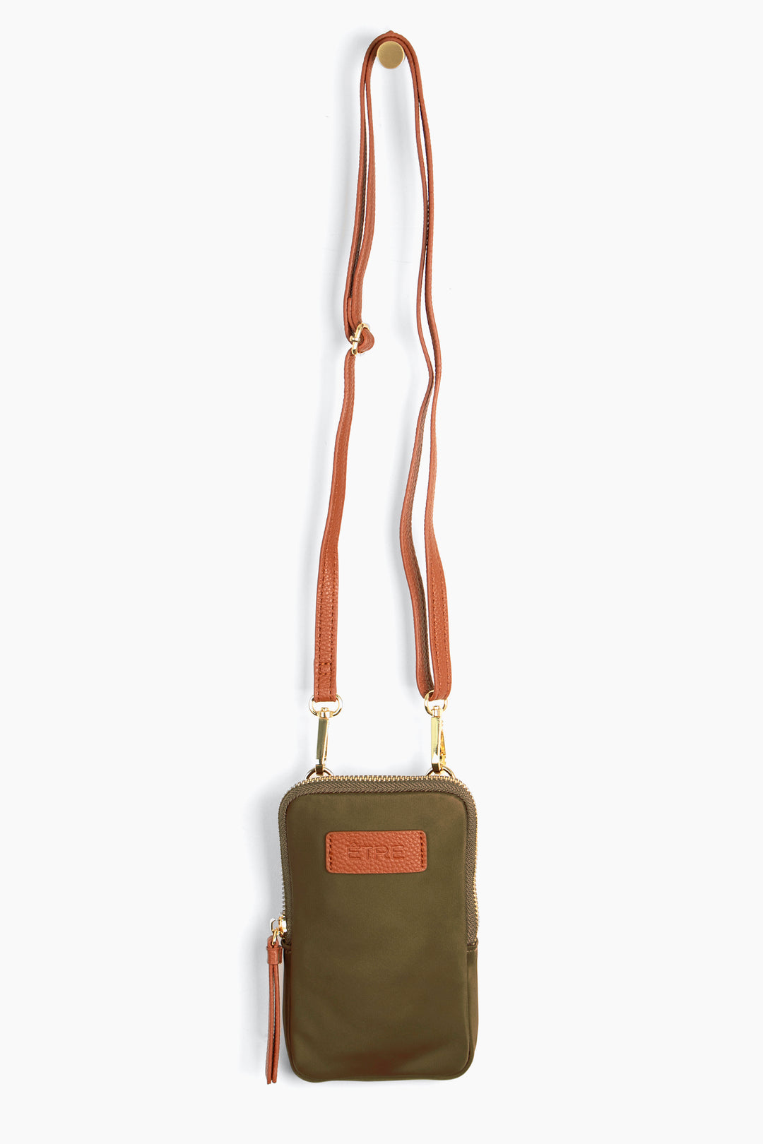 khaki green crossbody phone bag with tan accents and a tan removable adjustable crossbody strap