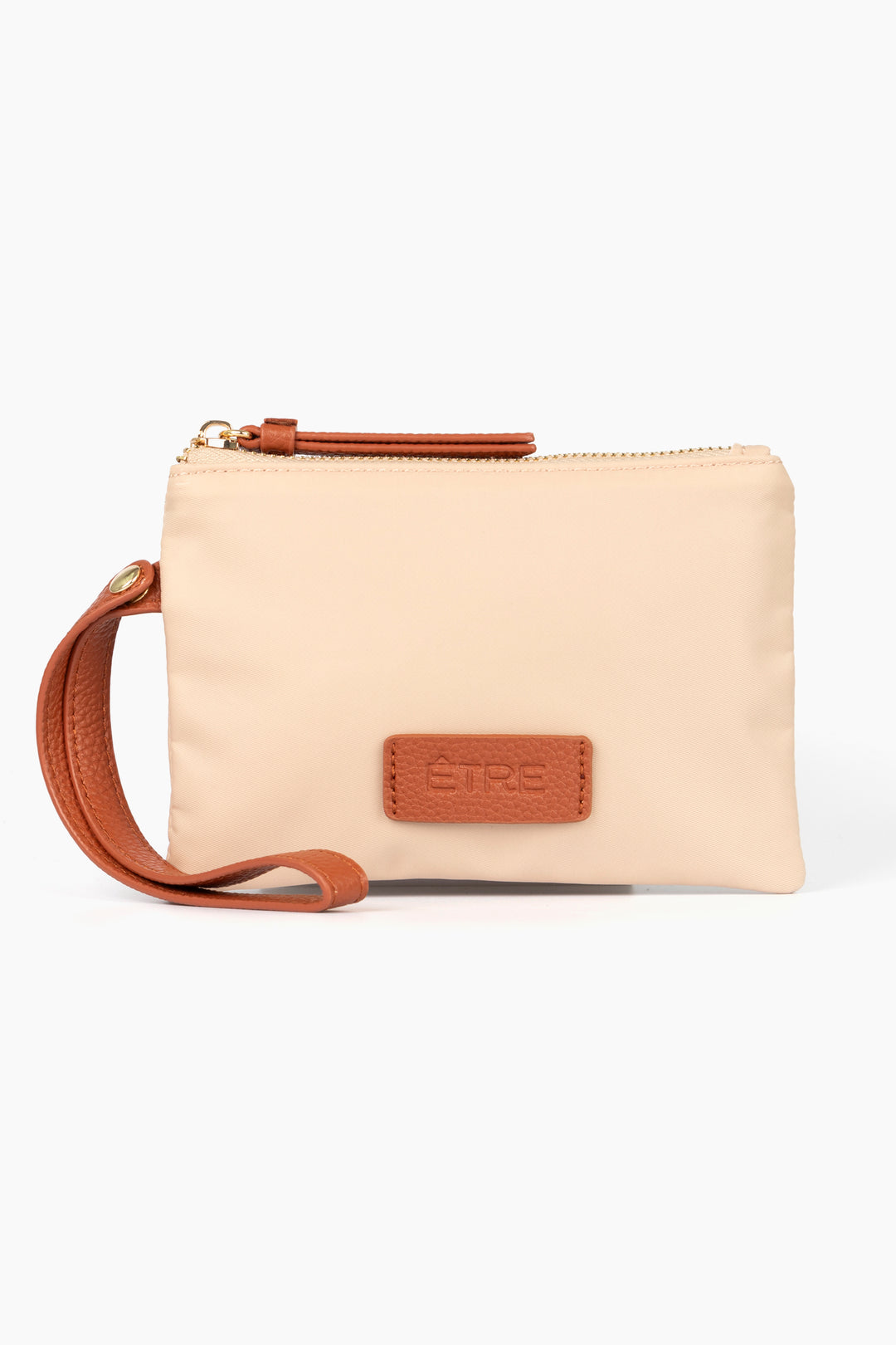 cream wristlet wallet with faux leather tan wrist strap and zip closure