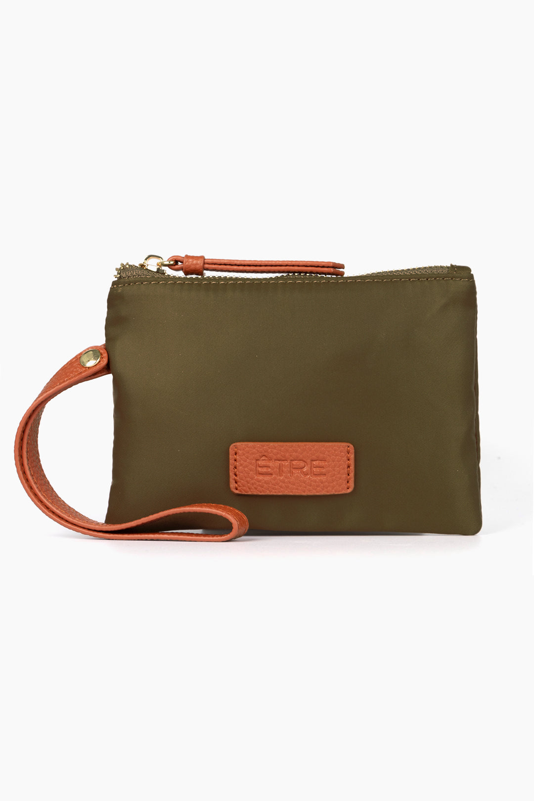 khaki green wristlet wallet with faux leather tan wrist strap and zip closure