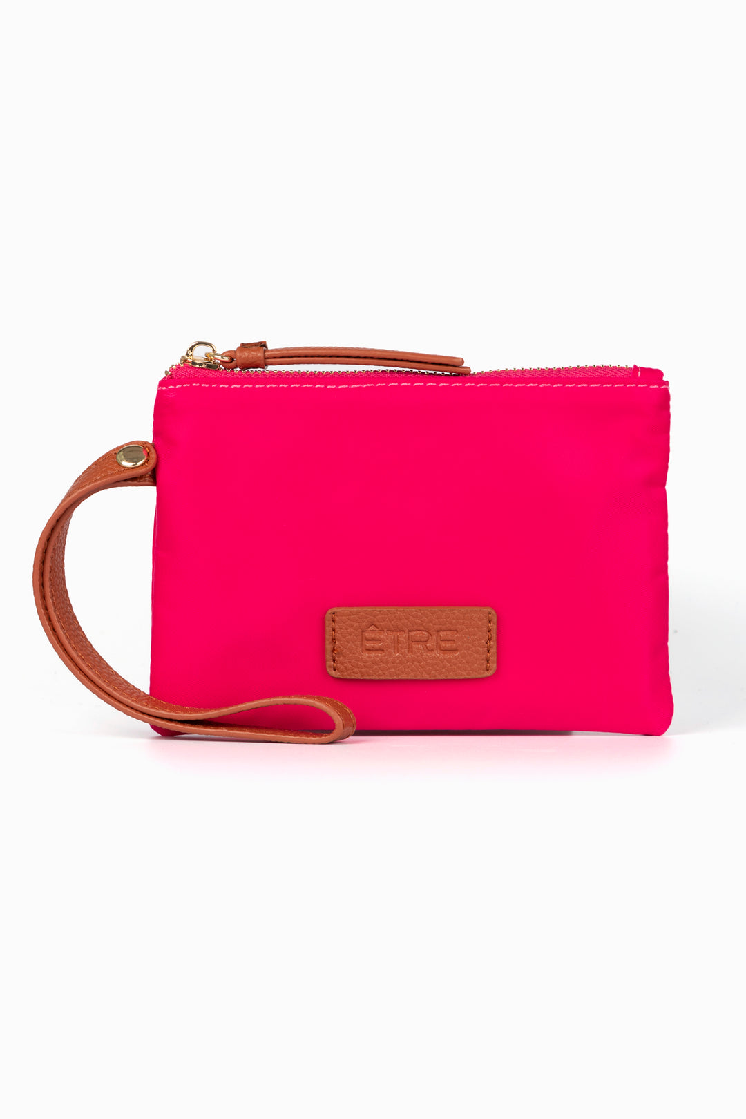 hot pink wristlet wallet with faux leather tan wrist strap and zip closure