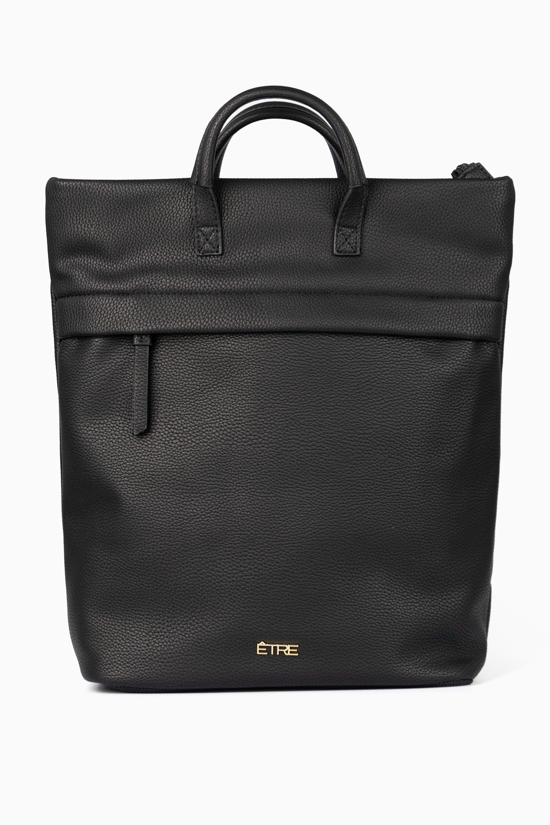 plain black back pack with top handles and a zip closure, the bag is made from faux leather PU