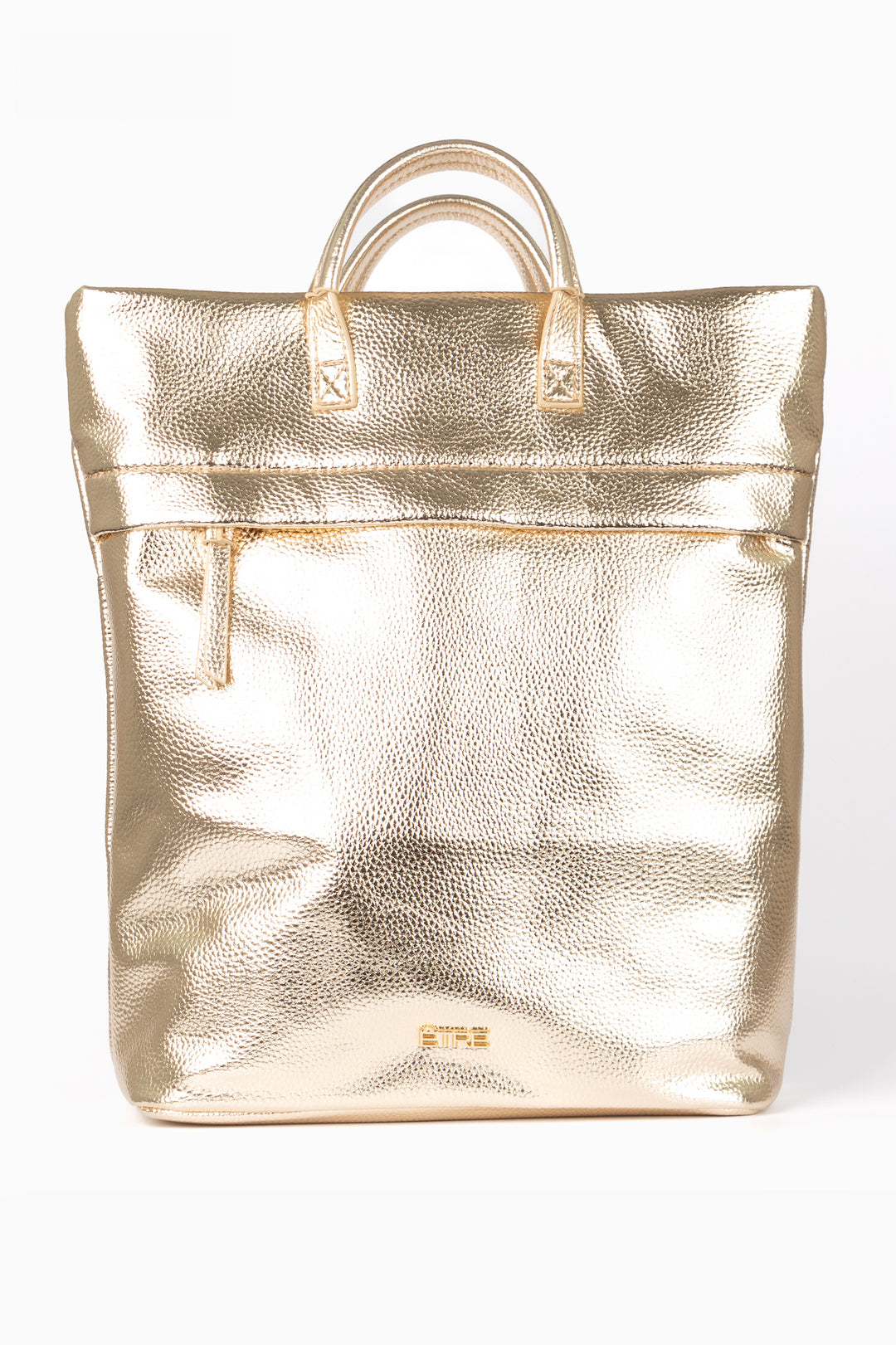 gold metallic back pack with top handles and a zip closure, the bag is made from faux leather PU